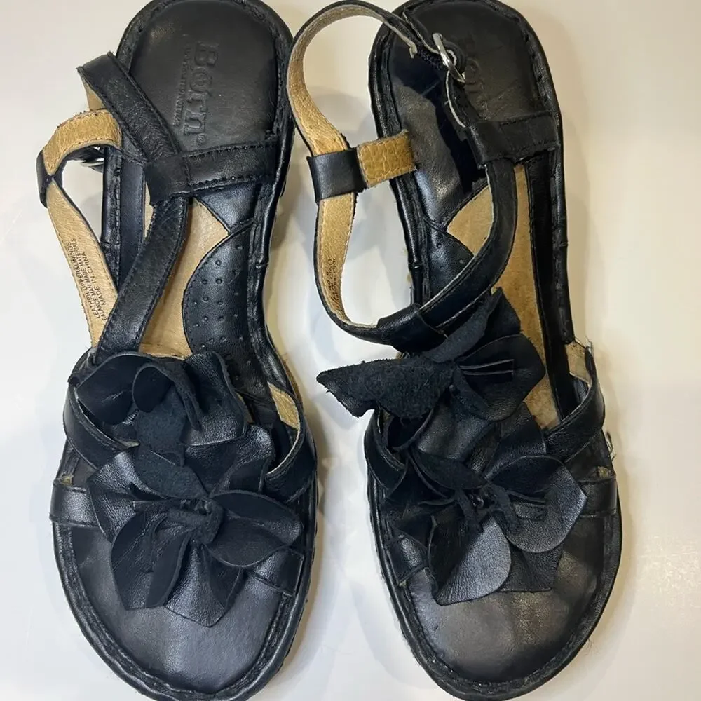 Born Women's Black Leather Wedge Sandals Size 9